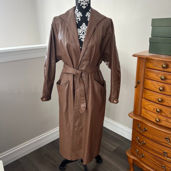 Vintage Jackets & Blazers - Vintage Brown Leather Long Belted Coat